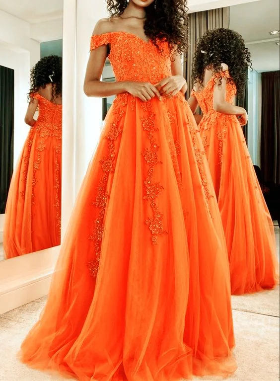 New Season Fashion Preview elegant orange prom dresses tulle off shoulder lace appliques evening gown    cg12377 Score Big On Glamorous Red - Carpet Styles