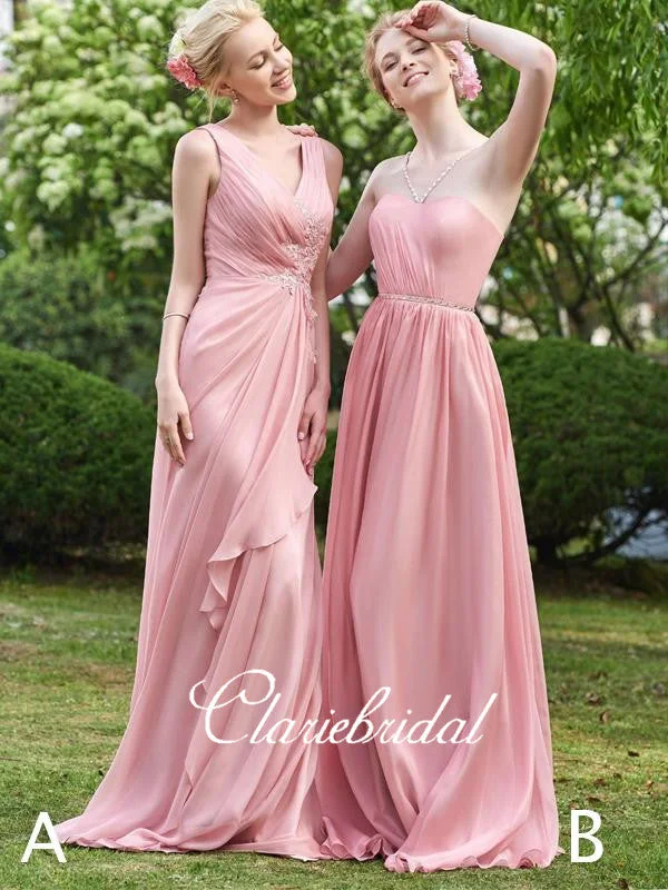 Vintage-Modern Style Offers Mismatched Pink Chiffon Lace Beaded Long Bridesmaid Dresses Graceful Cut