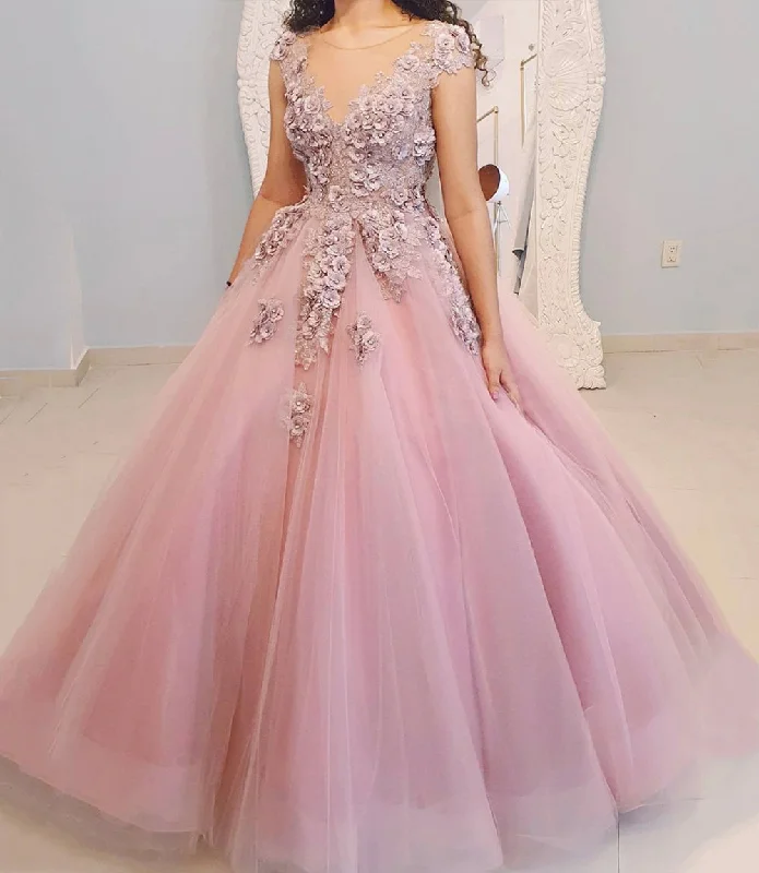 Relaxed Style Deals PINK TULLE LACE LONG BALL GOWN PROM DRESS FORMAL DRESS    cg16284 Vibrant Prints