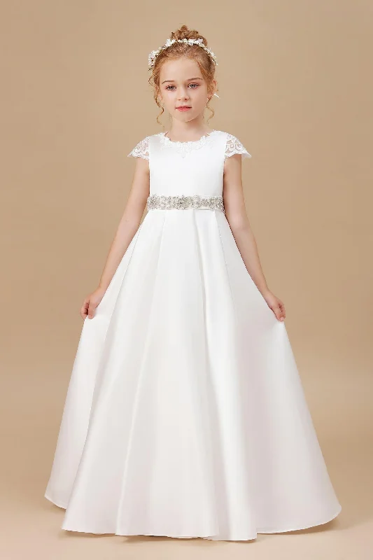 Clearance Event A Line Ivory Satin Cap Sleeve Flower Girl Dresses With Rhinestones Holiday Sale