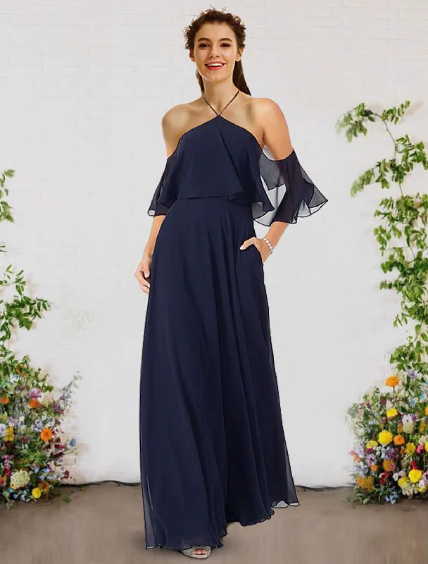 Stupidly Low Prices A-Line Bridesmaid Dress Halter Neck Sleeveless Elegant Floor Length Chiffon with Ruffles Classic Appeal