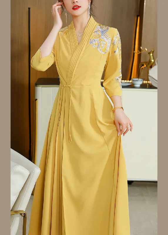 Catch Every Fashion Trend Sexy Yellow V Neck Embroideried Drawstring Satin Long Dresses Fall Bold Patterns