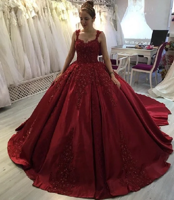 Holiday Attire Sale New Elegant Burgundy Lace Beaded Prom Dress,Ball Gown Long Train Formal Dresses,Quinceanera Dresses   cg15930 Feminine Soft - Hued Styles