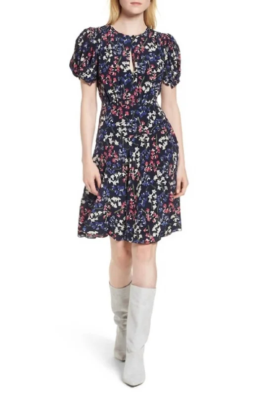 Relaxed Style Silk Floral A Line Flounce Dress In Multicolor Polished Finish