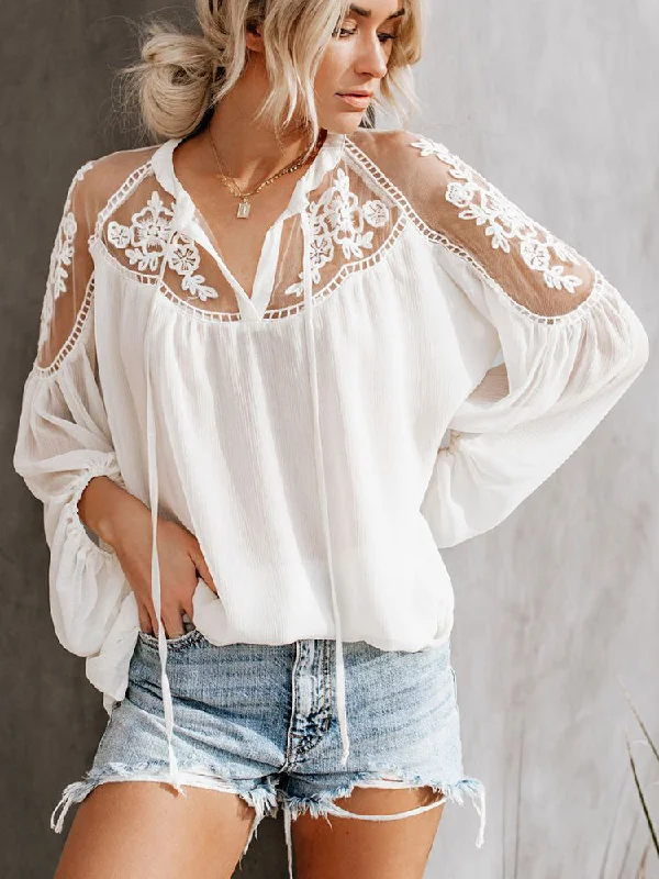 Trendy Fashion Sale JuliaFashion - 2024 Women Embroidery Patchwork Casual Long Sleeve Chiffon Blouse Everyday Glamour