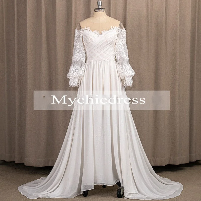 Casual Chic Bohemian Wedding Dresses Chiffon Long Sleeve Off Shoulder Boho Bridal Gowns Final Clearance