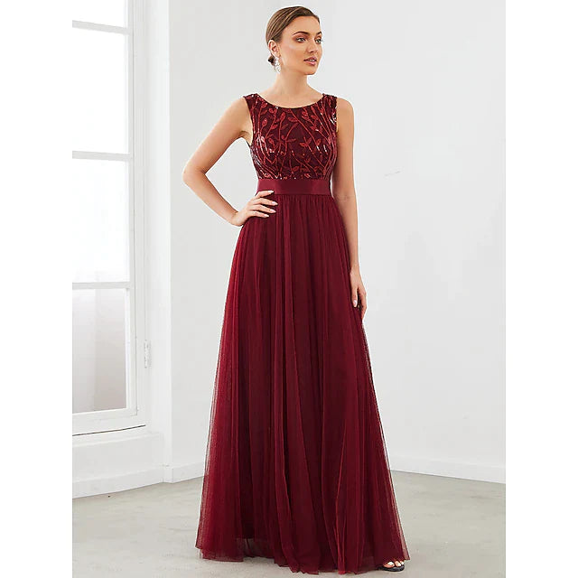 New Arrivals A-Line Bridesmaid Dress Jewel Neck Sleeveless Sparkle & Shine Floor Length Tulle with Tier Final Clearance