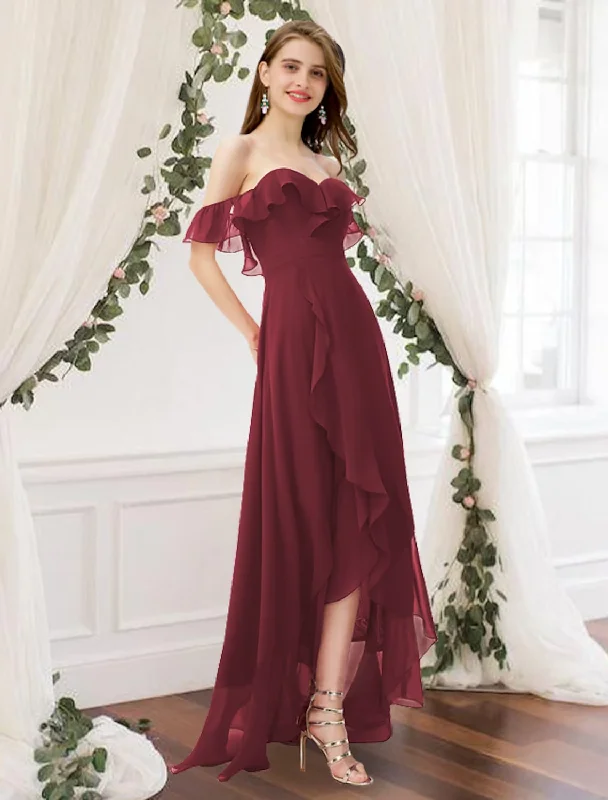 Crazy Price Slashing A-Line Bridesmaid Dress Off Shoulder Sleeveless Elegant Floor Length Chiffon with Pleats / Ruffles / Split Front Contemporary Chic