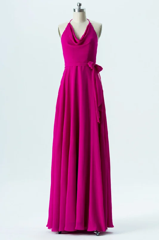 On-Trend Fashion Offers Neon Pink Halter Cowl Neck Bridesmaid Dress Hollywood Glam Award - Show Style