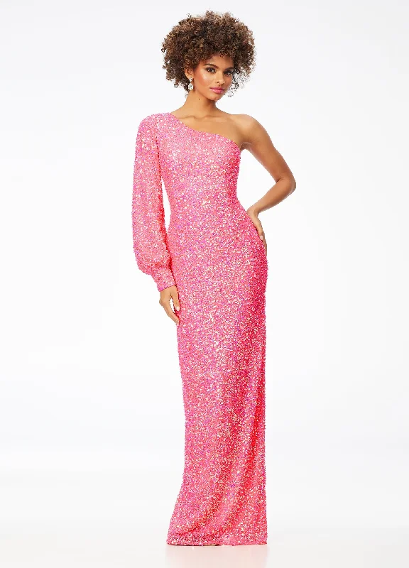 Chic & Modern Sales Ashley Lauren 11194 Size 4 Neon Pink One Shoulder Prom Dress Long Sleeve Sequins Back Slit Final Clearance