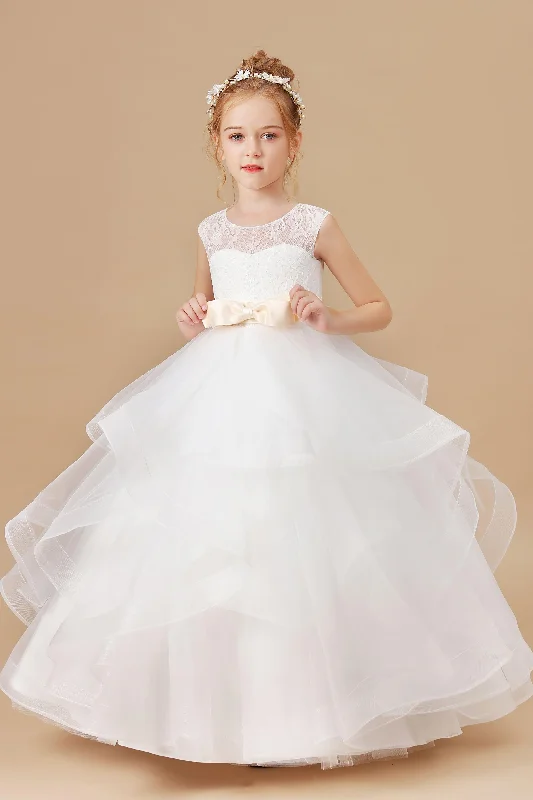 Best-Sellers Ivory Multi-layered Tulle Ruffled Satin Flower Girl Dresses With Champagne Bow End - Of - Month Blowout