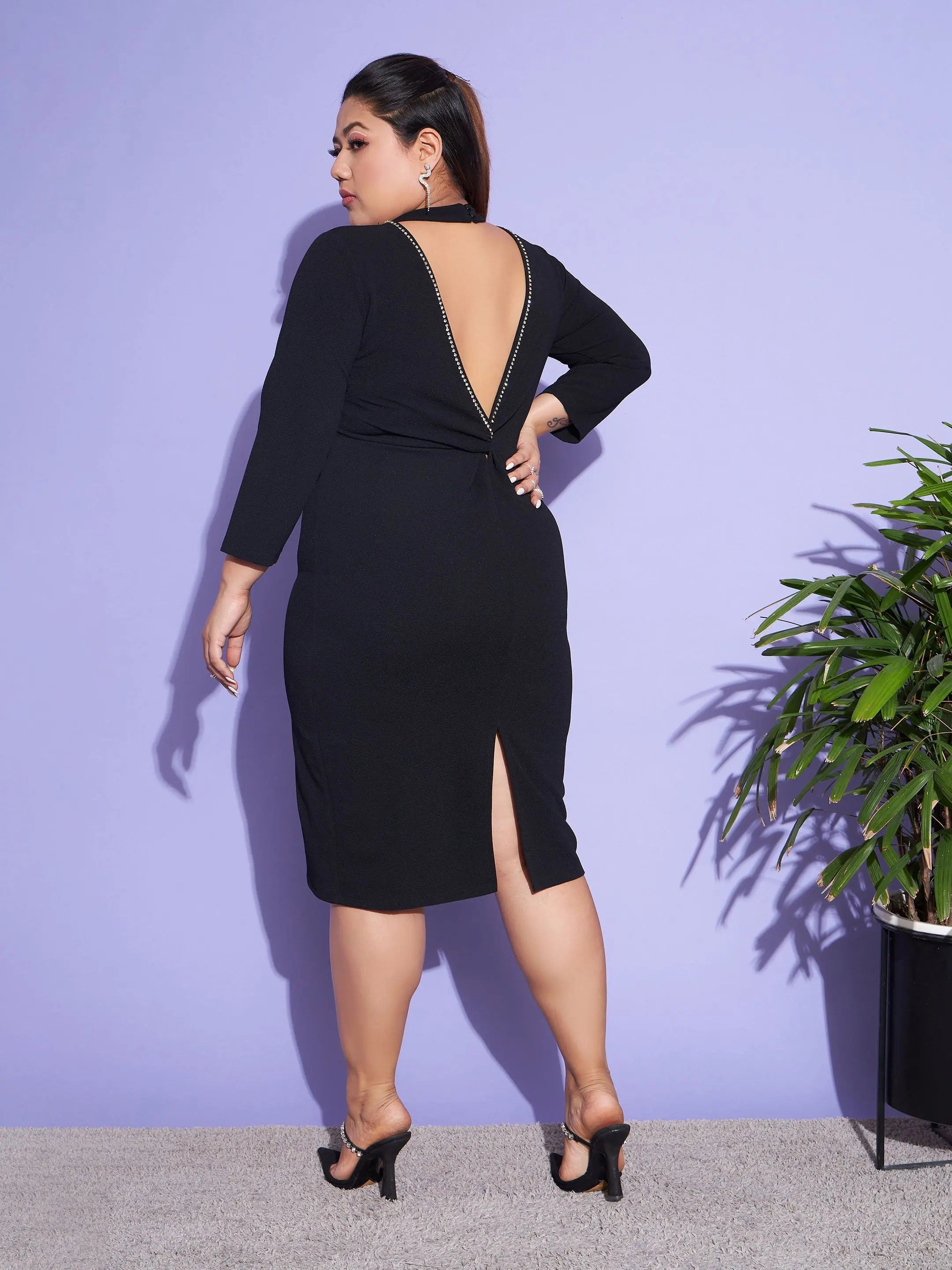 Athleisure Style Sale Women Black Diamante Back Detail Bodycon Dress Elegant Contour