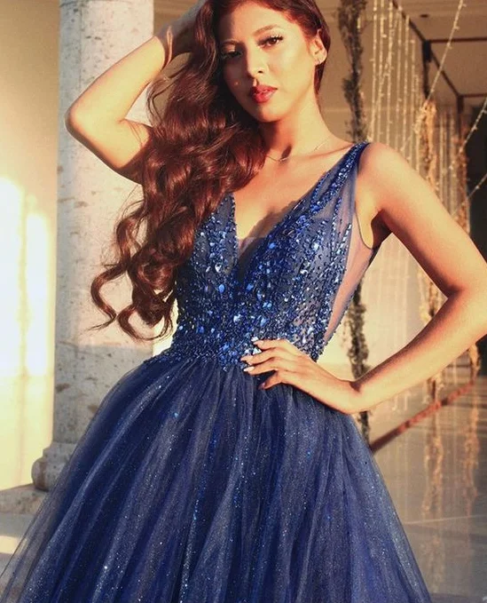 Fast Fashion Favorites Gorgeous A-Line V Neck Open Back Navy Blue Beaded Long Prom Dresses,Sparkly Evening Party Dresses,Ball Gown Formal Dresses  cg7127 Early Access To Art Deco Styles Sale