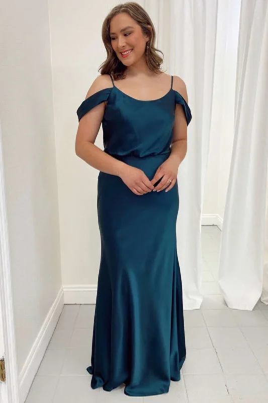 Sale Event, Prices Rock Teal Blue Satin Cold-Shoulder Long Bridesmaid Dress Soft Textures