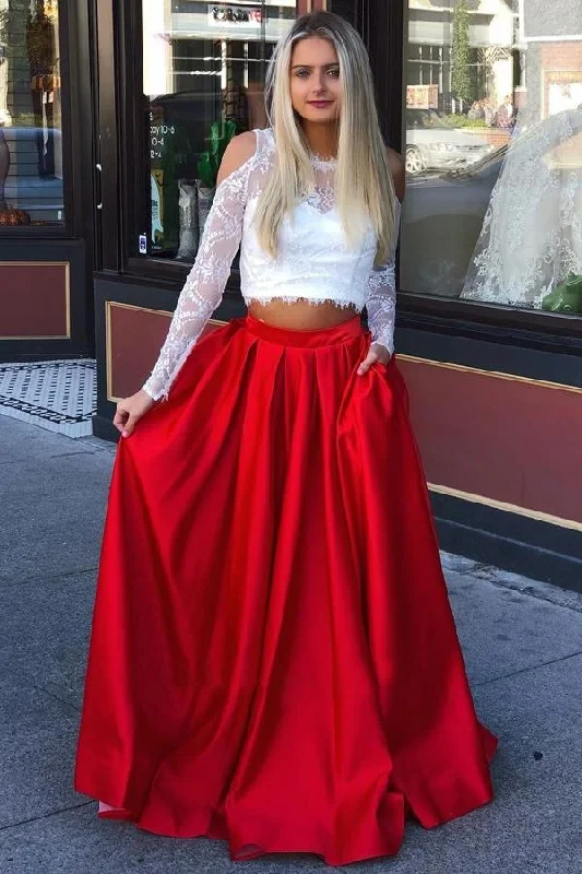 Best Sellers Two Piece Cold Shoulder Prom Dresses with Lace Long Sleeve Red Satin Party Dresses N1550 Y2K Nostalgic Fashion Look