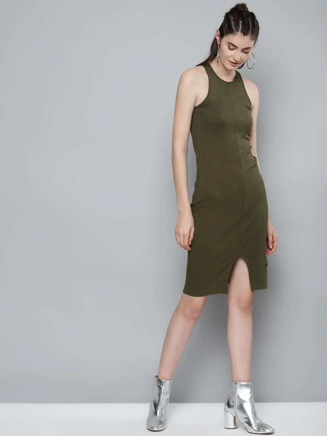 Huge Price Cut Olive Box Back Bodycon Midi Dress Y2K Nostalgic Fashion Look