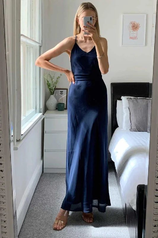 Statement Fashion Offers Navy Blue Chiffon V-Neck Backless Long Bridesmaid Dress Limited - Stock