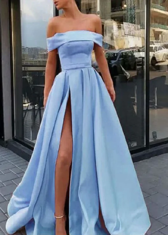 Stylish Looks Off-the-Shoulder A Line Satin Long Prom Dress With Split PD0415 Refined Look