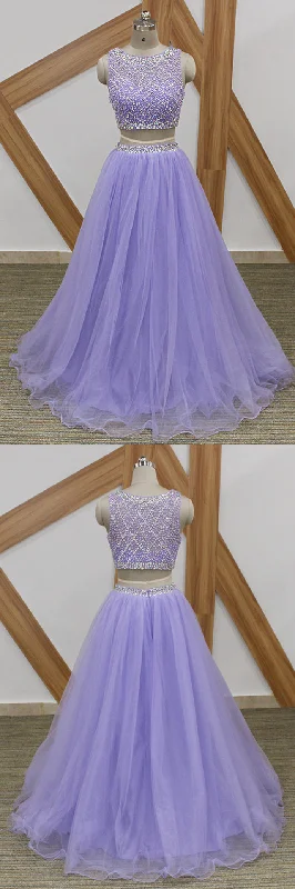 On-Trend Fashion Offers Lavender Tulle Long Beaded Two Pieces Prom Dress, Custom Made Arabic Party Gown   cg16312 Bold Silhouette