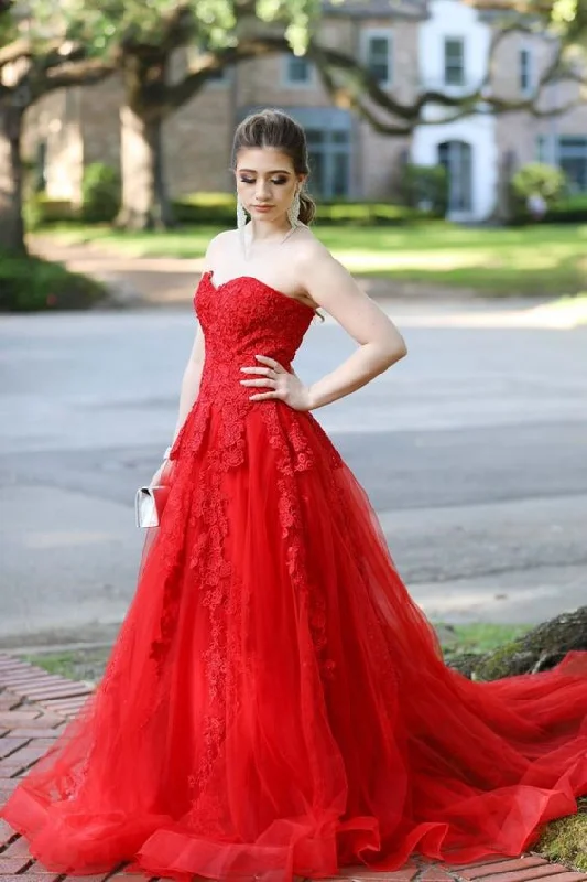 Chic & Cozy Collection strapless red A-line tulle and lace long ball gown prom dress    cg17242 Refined Look