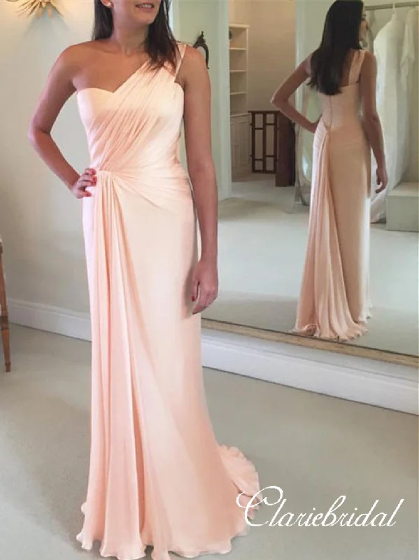 High-End Style Discounts One Shoulder Peach Elastic Satin Elegant Long Bridesmaid Dresses Modern Glamour