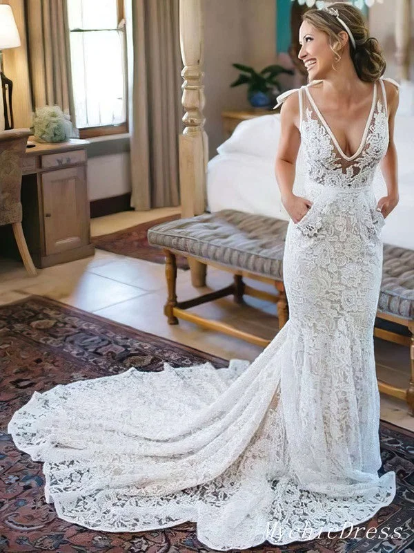 Ends Soon Hot Beach Wedding Dresses Lace Boho Mermaid Bridal Gowns Court Train Flash Sale