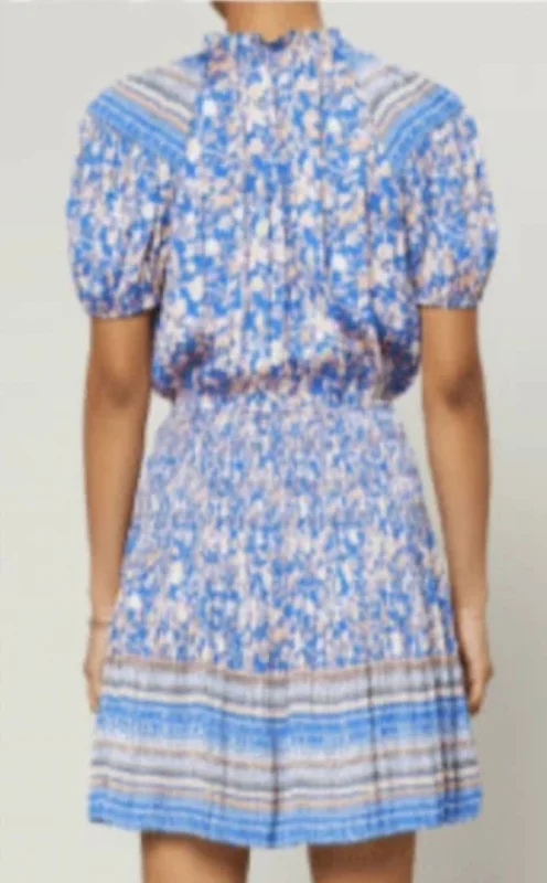 Hot Sale Border Printed S-Slv Ruffled Split Neck W/ Tie Mini Dress In Blue Floral Multi Elegant Contour