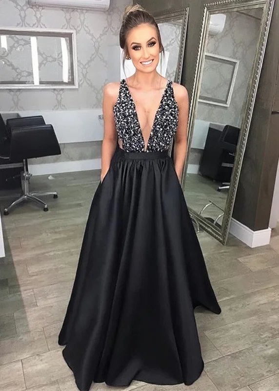 Daily Deals Sparkly Black V-Neck Beading A Line Satin Party Dresses with Sheer Back N1574 Parisian Effortless Chic Style