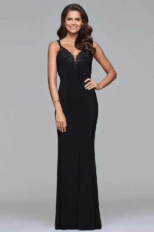 End Of Season Sale Faviana - S7999 Long Jersey Sleeveless Beaded V-neck Dress - 1 pc Black In Size 2 Available Dreamy Aesthetic