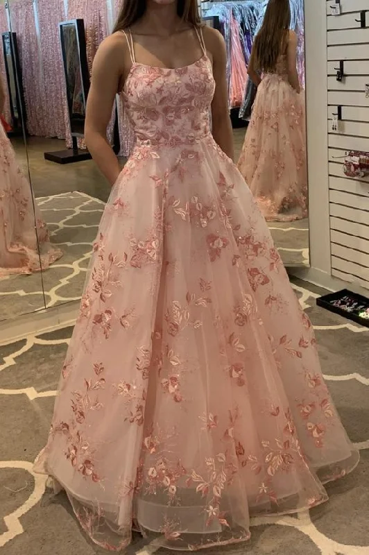 Laid-Back Fashion Offers Pink tulle lace long ball gown dress A line evening prom dress   cg18342 Hollywood Glam Award - Show Style