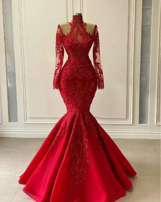 Limited Time Red Luxurious Lace Beaded Evening Dresses 2021 Red Shiny Long Sleeve High Neck Mermaid Prom Gowns   cg18200 Limited - Edition Drops