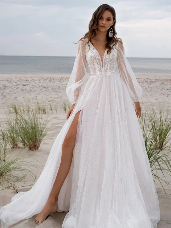 Season Sale Boho Wedding Dress With Puff Sleeves Beach V-neck Tulle Hollywood Glam Award - Show Style