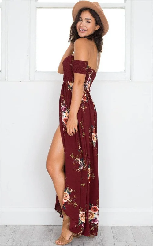 Vintage Style Deals OFF-THE-SHOULDER FLORAL HIGH SLIT MAXI DRESS Seasonal Trend