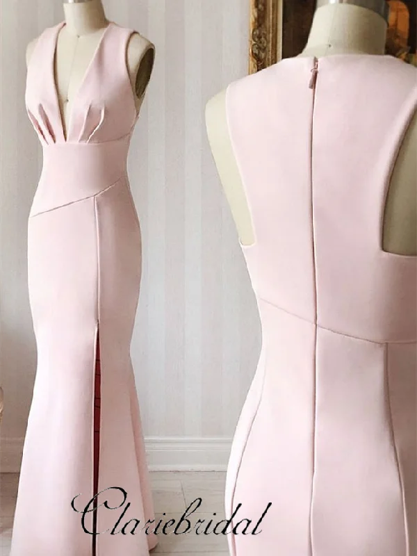 Relaxed Style V-neck Pale Pink Mermaid Long Bridesmaid Dresses Effortless Comfort