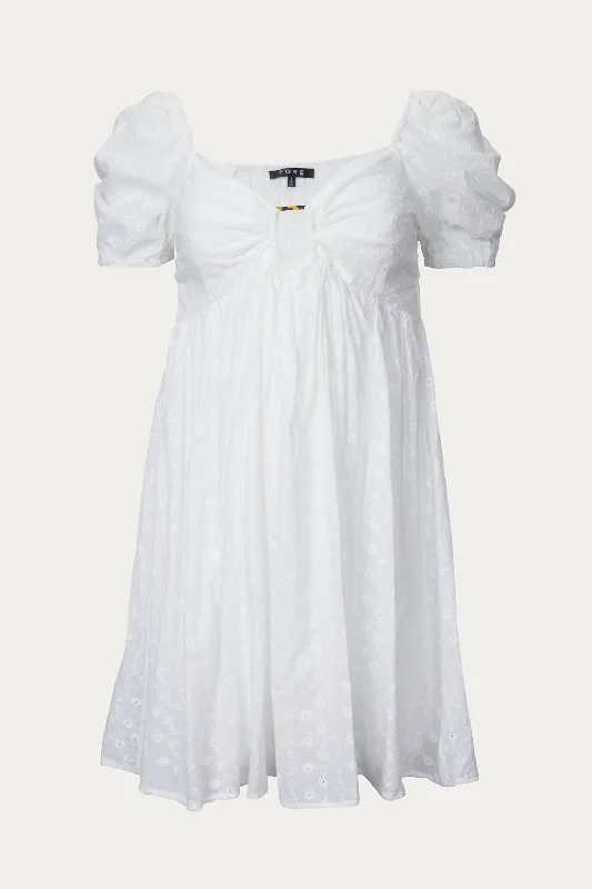 Playful Fashion Offers Floral-Embroidered Broderie Anglaise Mini Dress In White Polished Finish