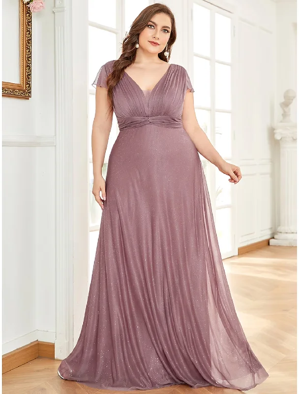 Huge Markdowns Bridesmaid Dress V Neck Short Sleeve Plus Size Floor Length Chiffon with Tier / Solid Color Limited - Edition Drops