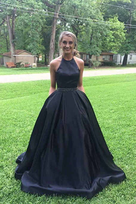 Trendy Fashion Sale Black Halter Satin Prom Dress with Beading Long Evening Dress with Pockets N2070 Vintage Elegance