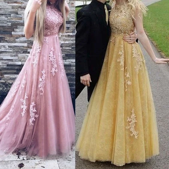 Fashion Forward Long Prom Dresses A Line Appliques Lace Sleeveless Blush Pink Formal Evening Gowns Prom Dress Party Dress  cg7086 Flash Deals