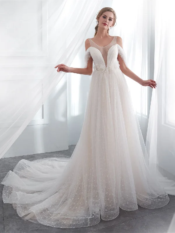 End-Of-Season Clearance Light Champagne Tulle Lace Long Beach Wedding Dress Bridal Dresses Casual Weekend Relaxed Style