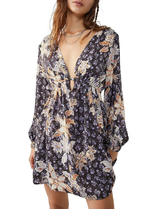 Hurry Before It'S Gone Womens Plunging Floral Mini Dress Casual Weekend Relaxed Style