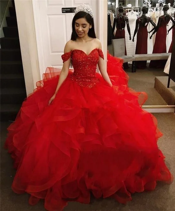 Exclusive Discount Luxury Ball Gown Red Quinceanera Dresses Off The Shoulder Prom Dress    cg16934 Feminine Elegance