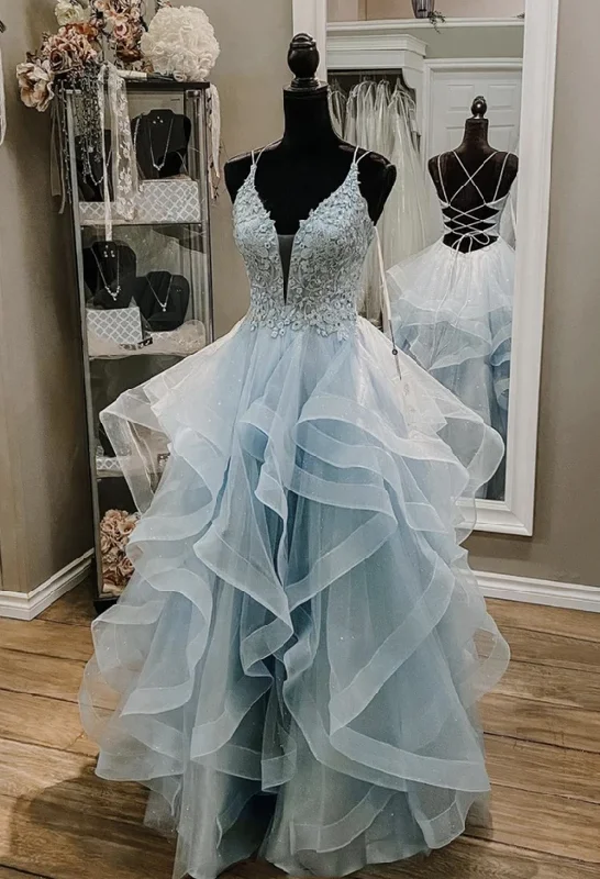 Limited Stock Blue lace long ball gown dress A line backless evening dress prom Dress   cg18199 Now On Sale For Chic Urban Styles