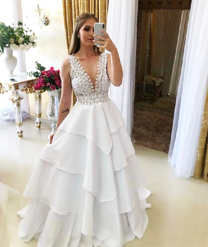 Vintage-Modern Style Offers WHITE V NECK LONG PROM GOWN DRESS FORMAL DRESS   cg12075 Polished Finish