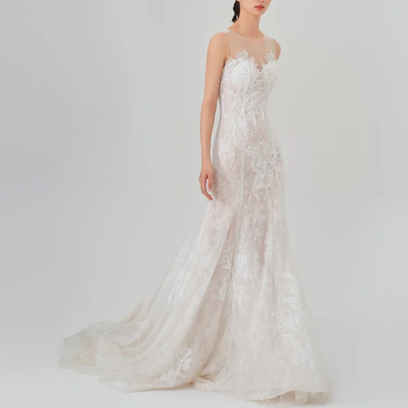 Street Chic Discounts All-Over Lace Fit-and-Flare Wedding Dress with Sheer Neck and Back Effortless Sophistication