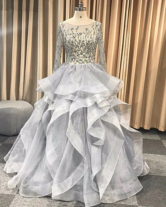 Budget Friendly Gray Tulle Open Back Beaded Long Sleeve Ruffles Formal prom Gown, Evening Dress    cg11803 Feminine Elegance