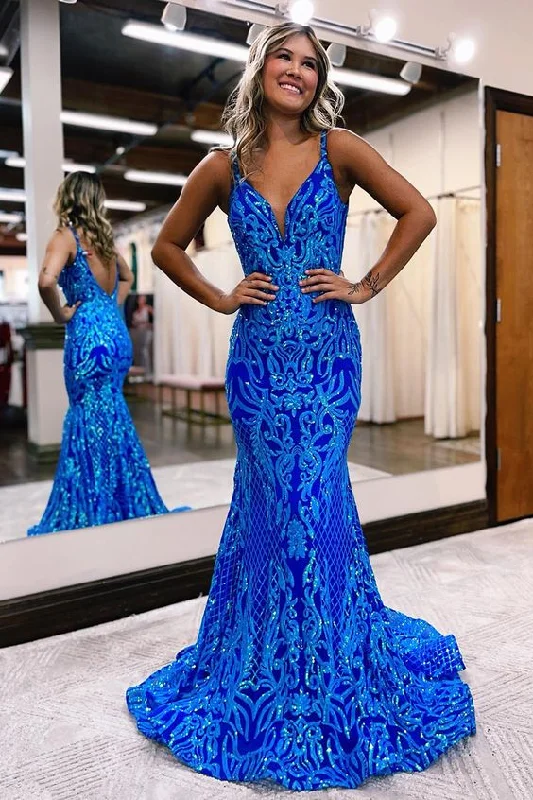 Classic Elegance Sales Blue shiny V neck bodycon long elegant sequin ball gown evening dress gh2720 Contemporary Elegance