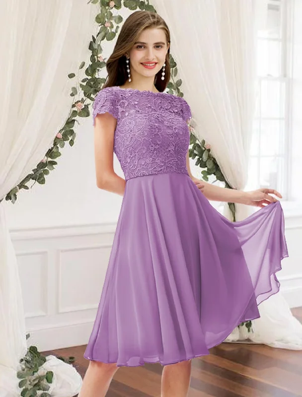 Browse Our Top Products A-Line Bridesmaid Dress Jewel Neck Sleeveless Elegant Knee Length Chiffon / Lace with Pleats Limited - Time Bundle