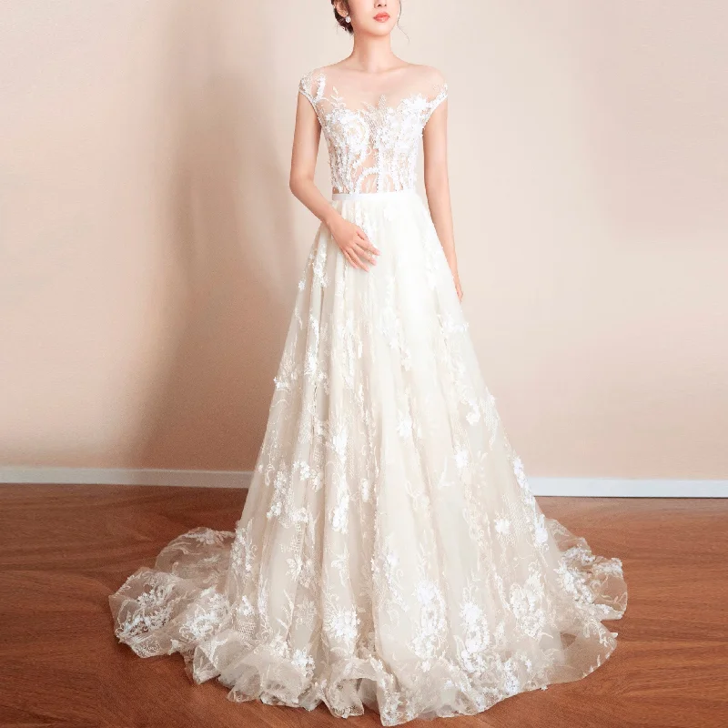 Chic Styles Cap Sleeve Long A-Line Wedding Dress Applique Elegant Tulle Bridal Gown Romantic Date - Night Ensemble