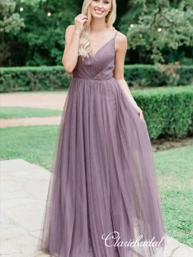 The Latest Fashion Trends Elegant Long A-line Dusty Purple Tulle Bridesmaid Dresses Elevated Style