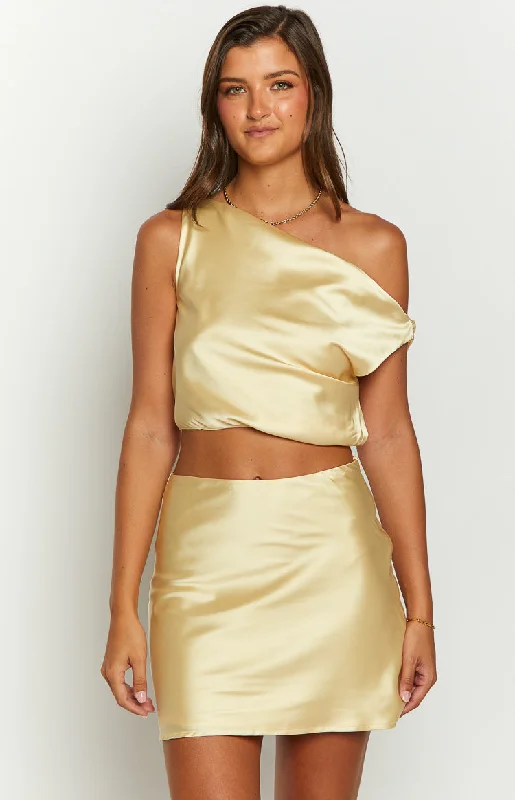 Elegant Fashion Offers Scotlyn Yellow Satin Off The Shoulder Crop Top Elevated Style